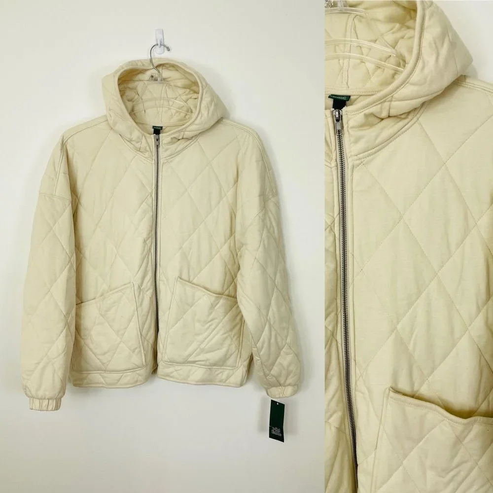 Wild Fable Womens Quilted Jacket Extra Large Ivory Puffer Zip Pockets Hooded New - Picture 2 of 11